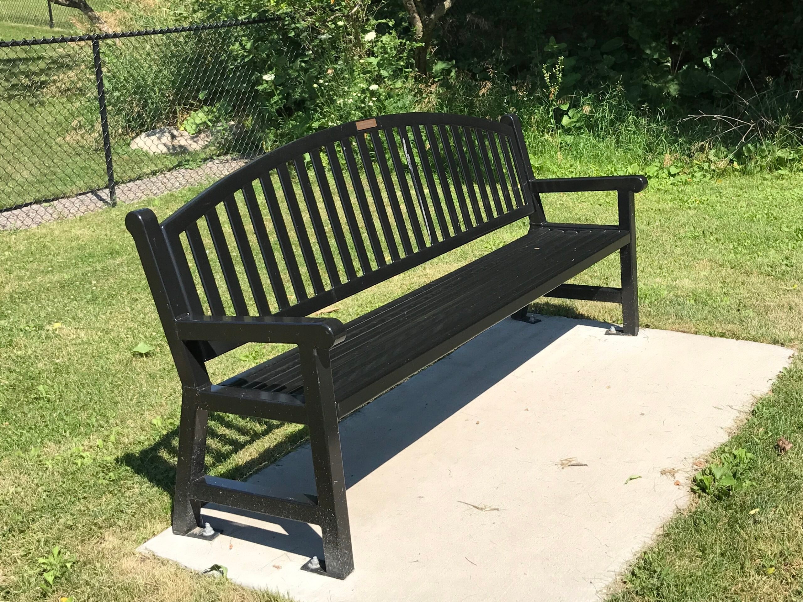 Black park bench on a concrete pad in a Roseville park