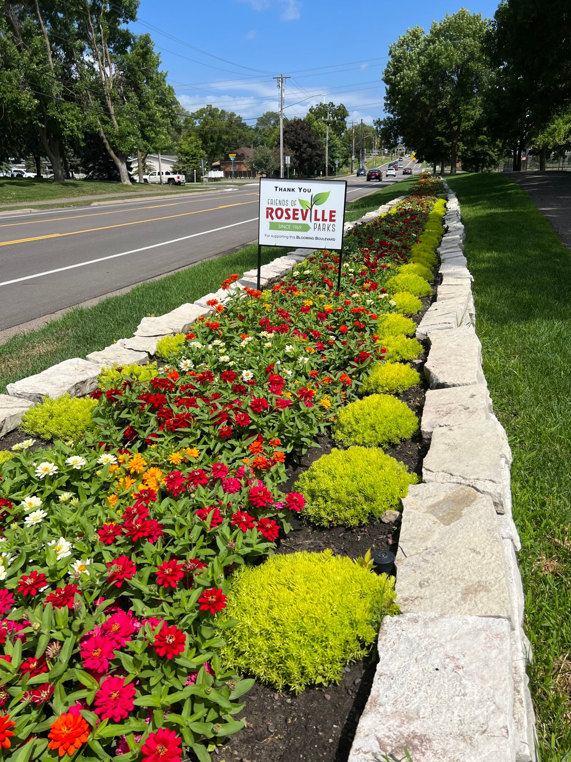 Blooming Boulevard flower bed with Friends of Roseville Parks thank-you sign